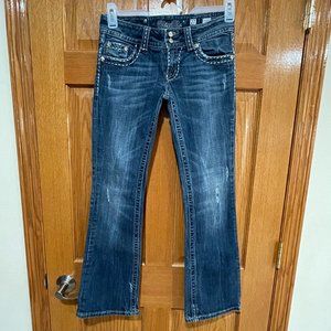 MISS ME Women's Jeans 27 Bootcut Low Rise Blue Jeans JEW50662R Silver Stitching